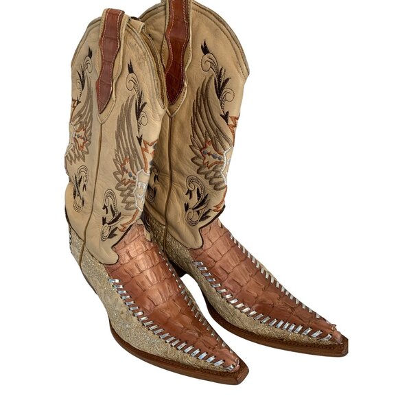Handmade Mexico Cowboy Boots Embroider Glitter Toe Croc Women 6.5 8940 Bling - Picture 2 of 7